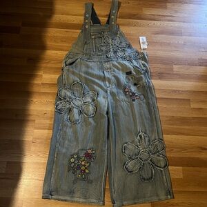 Blue Velvet Floral Embroidered Denim Overalls